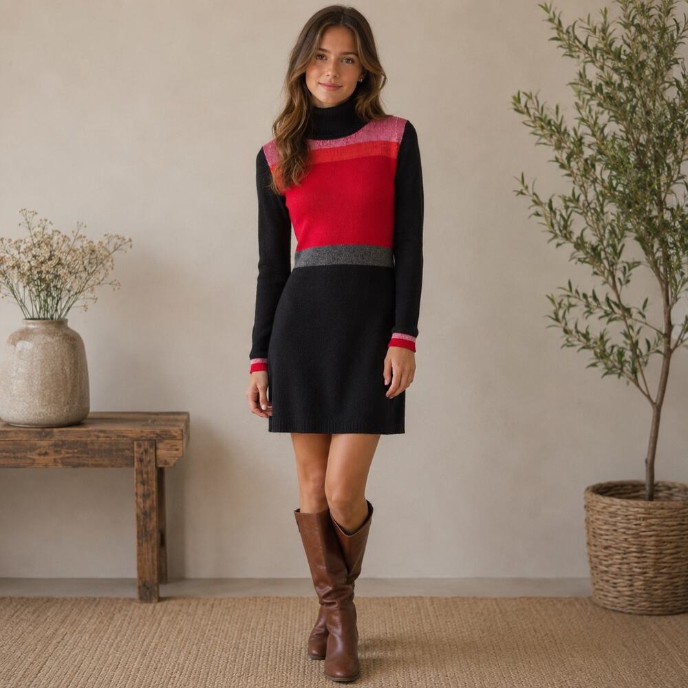 Free People Black Red Color Block Turtleneck Winter Break Sweater Dress XS